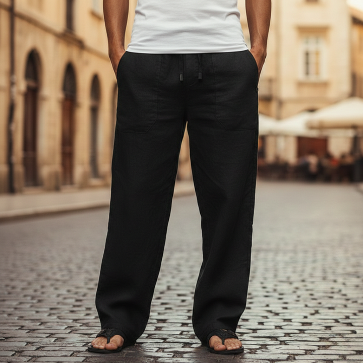 Pantalones holgados de lino para hombre con cordón