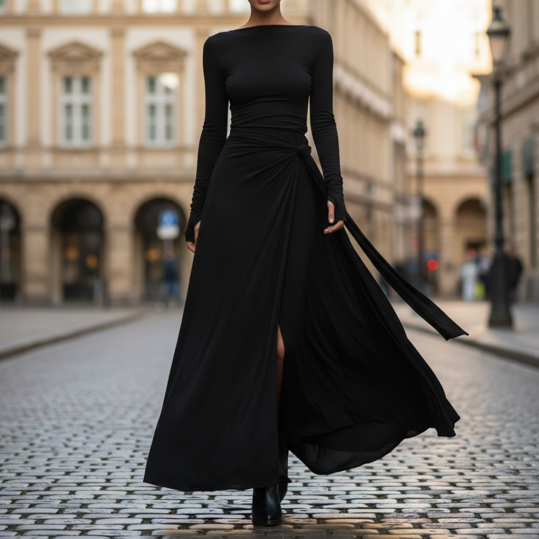 Robe longue à manches longues avec nœud latéral pour femme, longueur au sol