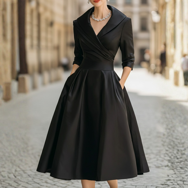 Satin Midi Dress A Line Wrap Front Three Quarter Sleeve Women