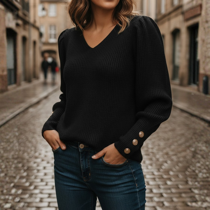 Suéter de punto con cuello en V, manga globo y puño con botones para mujer