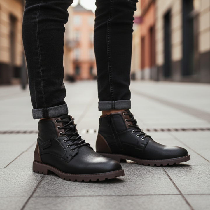 Bottes de randonnée en cuir à lacets avec fermeture éclair latérale orthopédique pour hommes