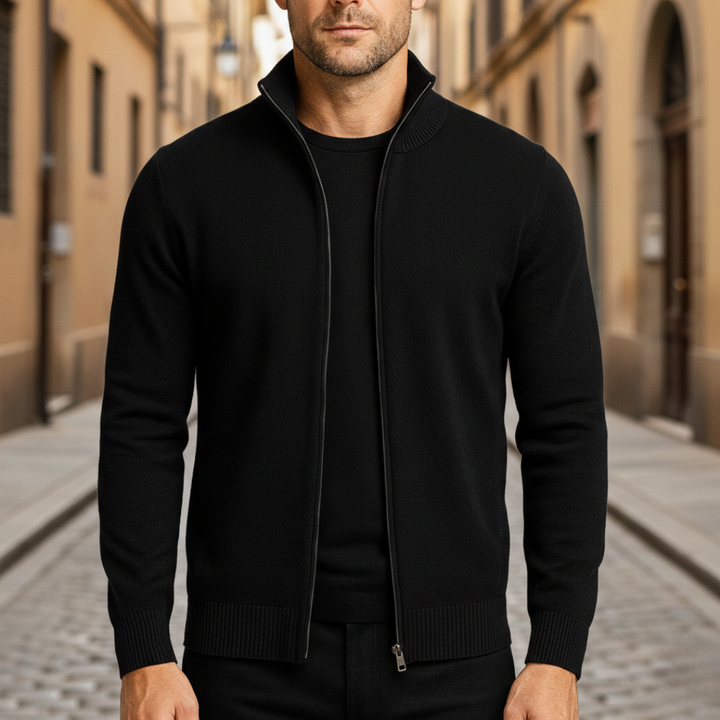 Suéter de punto con cremallera completa y borde acanalado para hombre