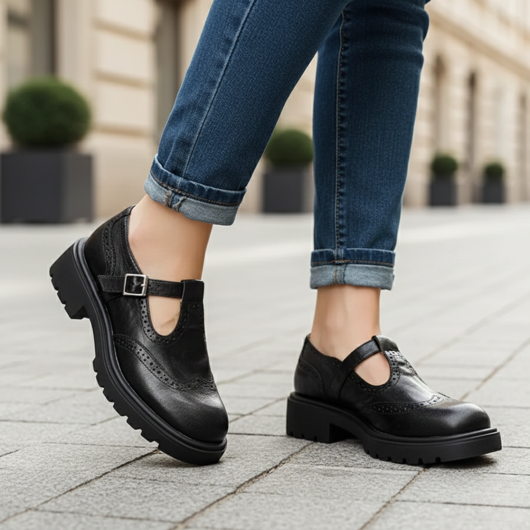 Women Orthopedic Faux Leather Brogue Lug Sole Mary Janes