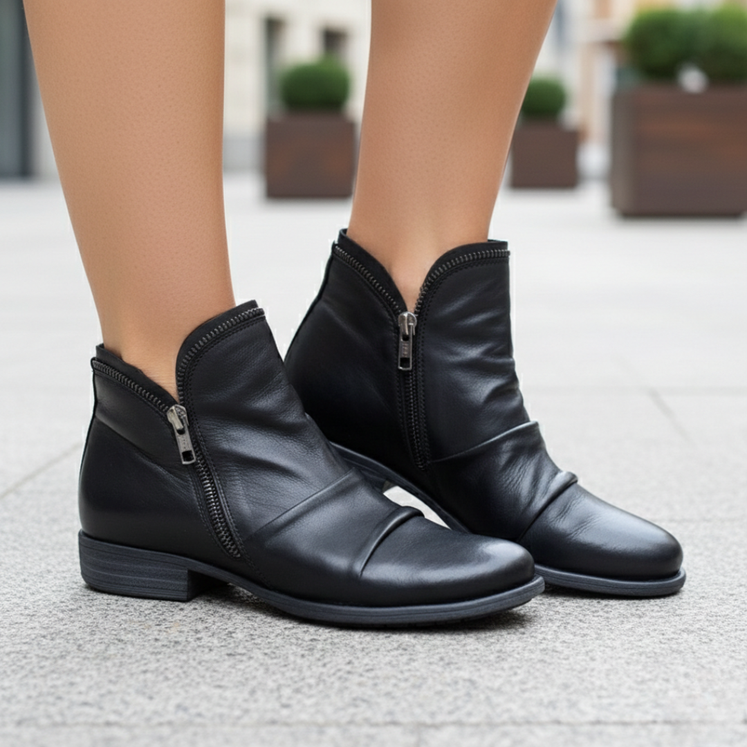Bottes chevilles pour femmes en cuir synthétique orthopédique à double fermeture éclair et fronces