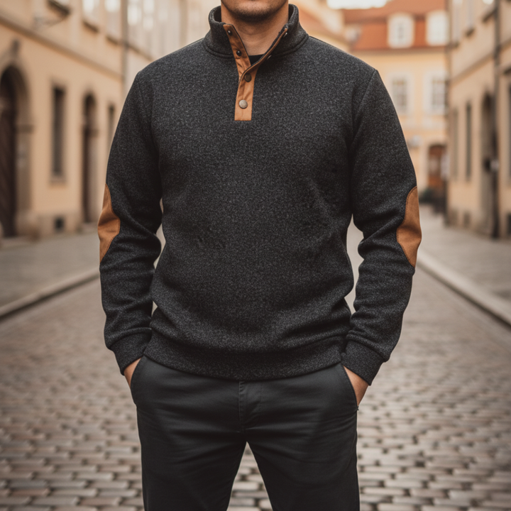 Herren Strick-Sweater Stehkragen Knopfleiste Ellbogenpatches | Vestea