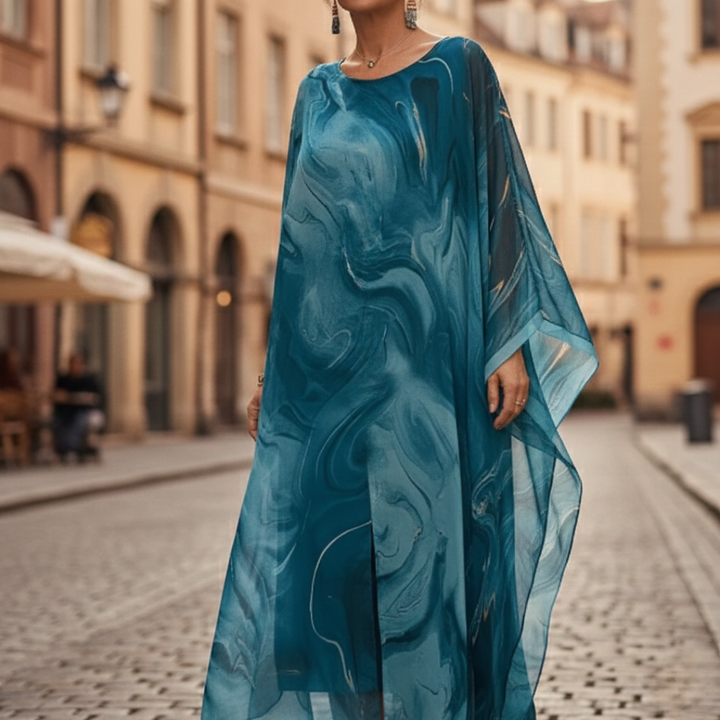 Maxi Dress Chiffon Marble Print Oversized Caftan Womens