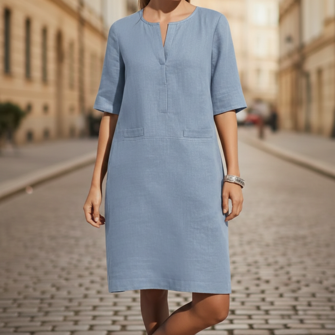 Robe droite manches courtes aspect lin pour femme