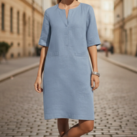 Shift Dress Short Sleeve Linen Look Womens