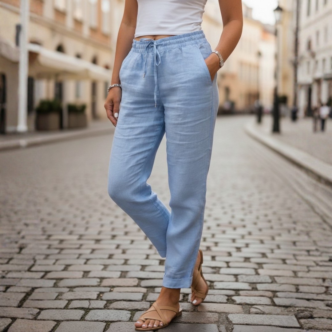 Pantalon en lin taille élastique à cordon de serrage, coupe fuselée pour femme, été