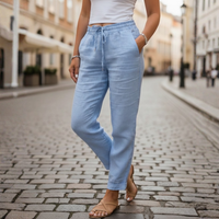 Linen Pants Drawstring Elastic Waist Tapered Women Summer