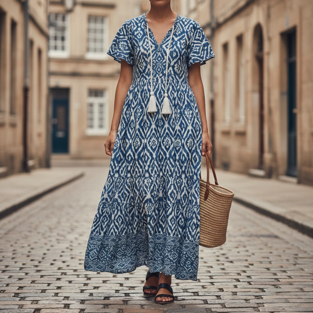 Maxi Dress Short Sleeve Boho Geometric Womens