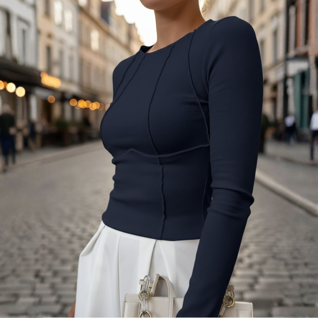 Haut à manches longues pour femme, côtelé, avec couture en relief, coupe ajustée