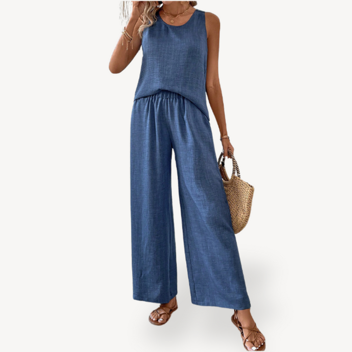 Leinen Tank Top Weite Bein Hose Damen | Vestea