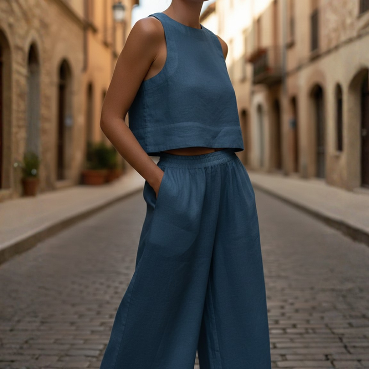 Conjunto de dos piezas: top corto y pantalones de pierna ancha sin mangas para mujer