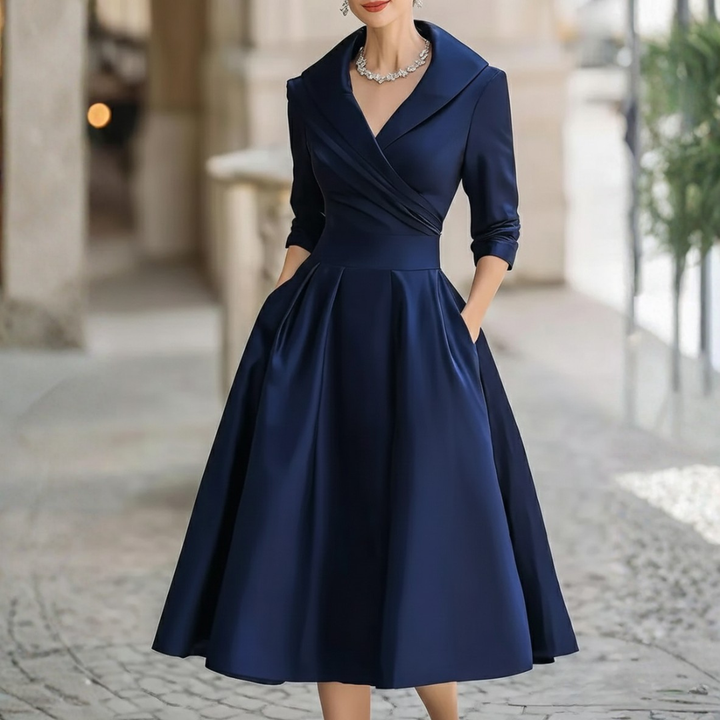 Satin Midi Dress A Line Wrap Front Three Quarter Sleeve Women