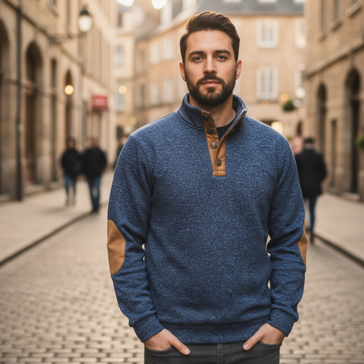 Herren Strick-Sweater Stehkragen Knopfleiste Ellbogenpatches | Vestea