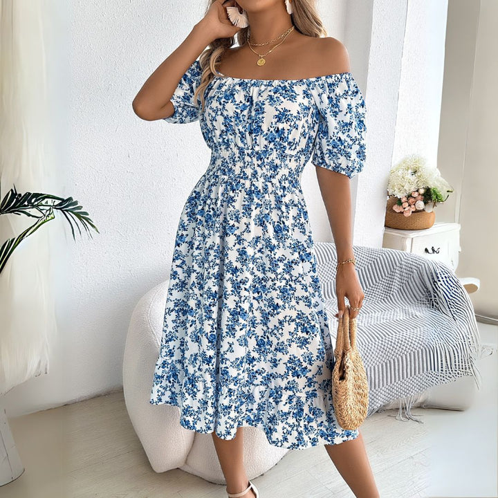 Damen Blumen Midikleid Baumwolle Puffärmel | Vestea