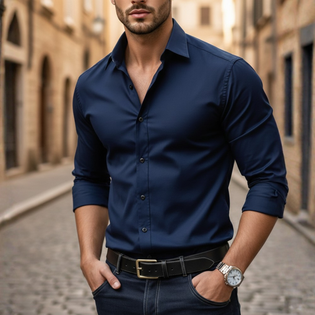 Chemise à boutons manches longues coupe ajustée élastique pour homme