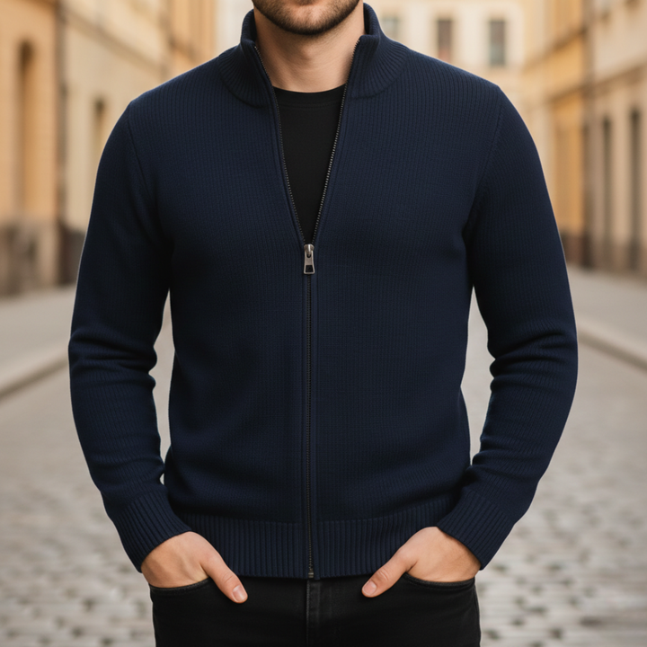 Suéter de punto con cremallera completa y borde acanalado para hombre