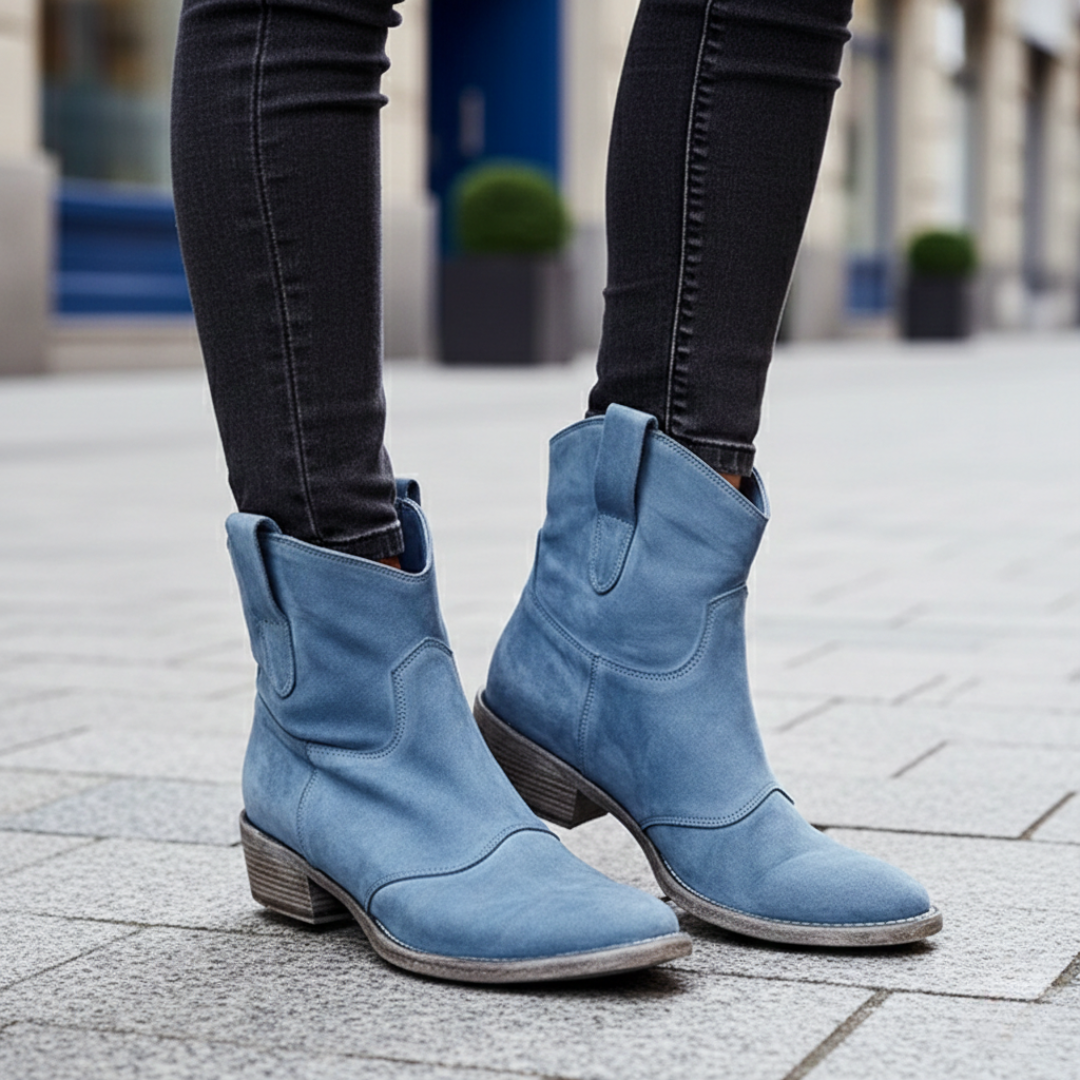 Botines de Ante Vaqueros Tacón Apilado Punta Fina para Mujer
