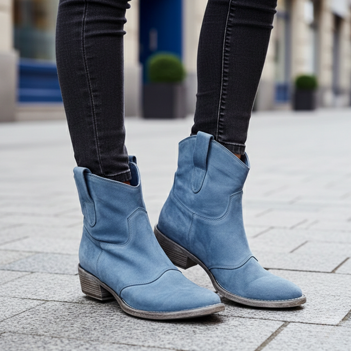 Botines de Ante Vaqueros Tacón Apilado Punta Fina para Mujer