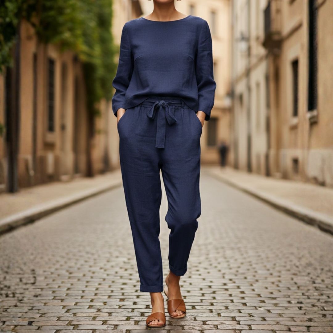 Ensemble deux pièces haut à manches longues ceinturé pantalon fuselé femme