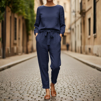 Two Piece Set Long Sleeve Top Tie Waist Tapered Pants Women