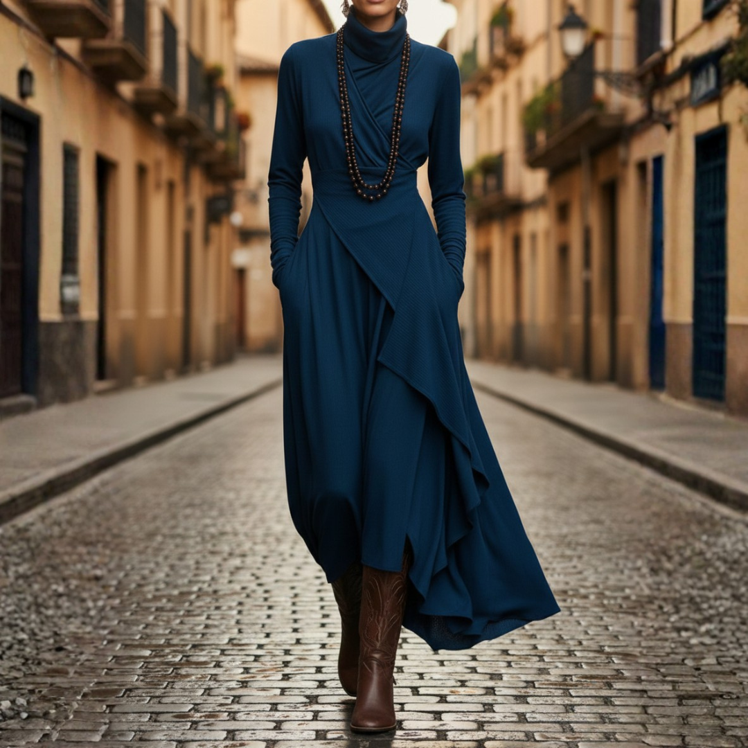 Vestido largo asimétrico plisado de cuello alto y manga larga para mujer