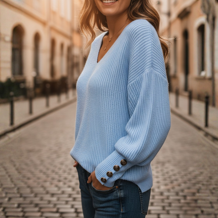 Suéter de punto con cuello en V, manga globo y puño con botones para mujer