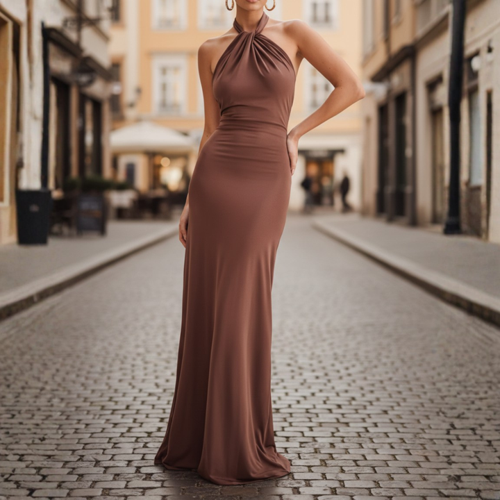 Women Halter Neck Ruched Maxi Dress