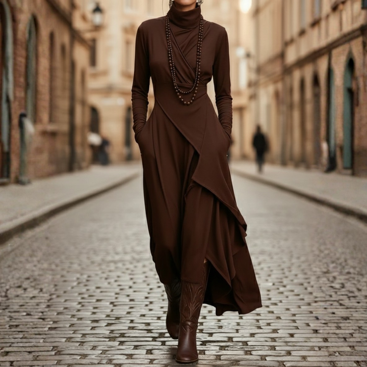 Vestido largo asimétrico plisado de cuello alto y manga larga para mujer