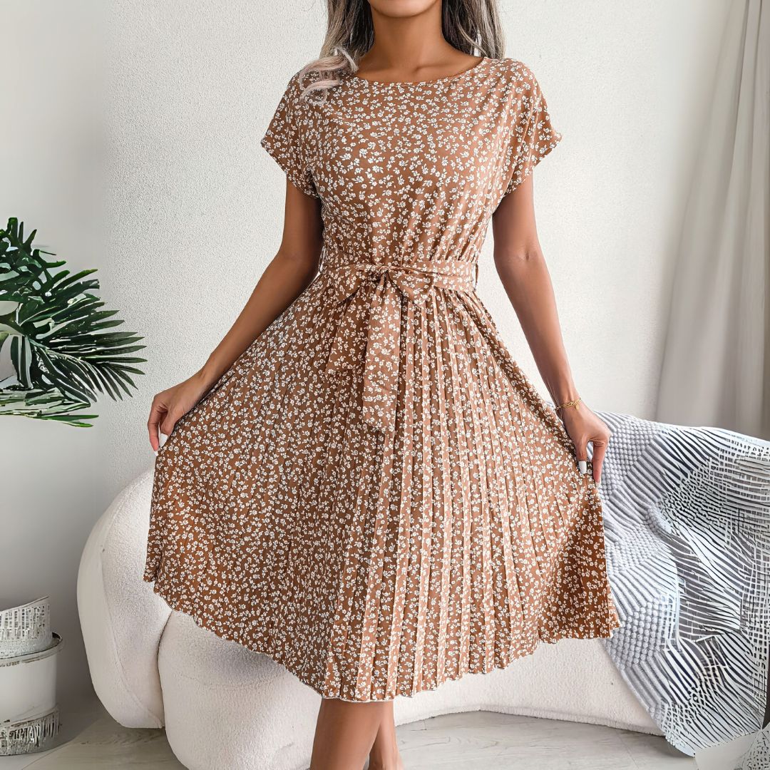 Damen Midikleid mit Abstraktem Druck und Bindegürtel | Vestea