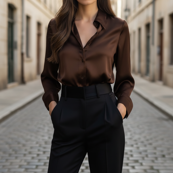 Damen Satin-Bluse Seiden-Optik Langarm mit Knopfleiste | Vestea