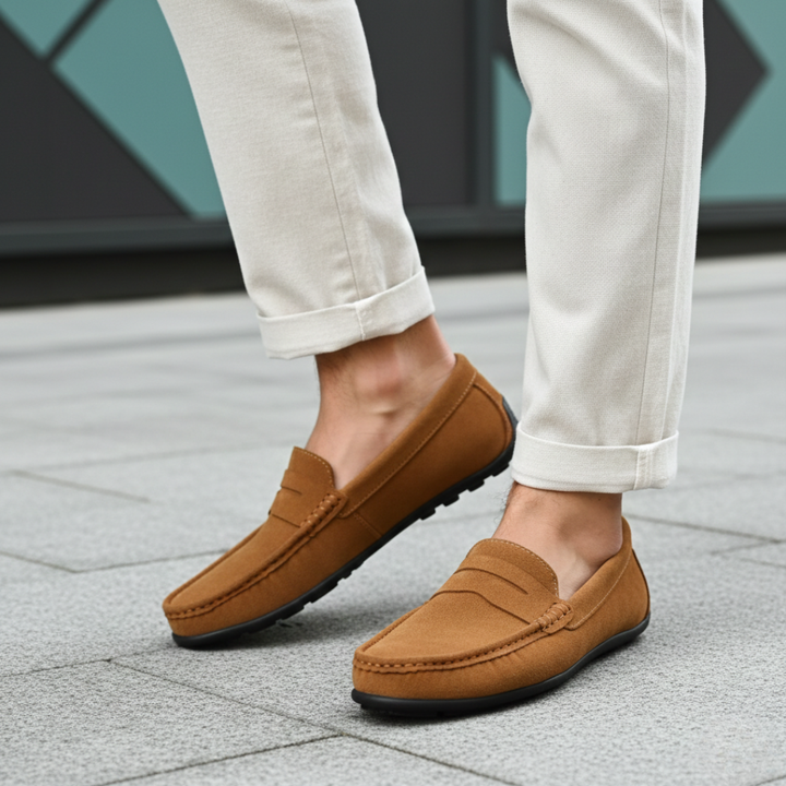 Zapatos de conducir para hombre tipo mocasín de ante con correa para moneda, sin cordones