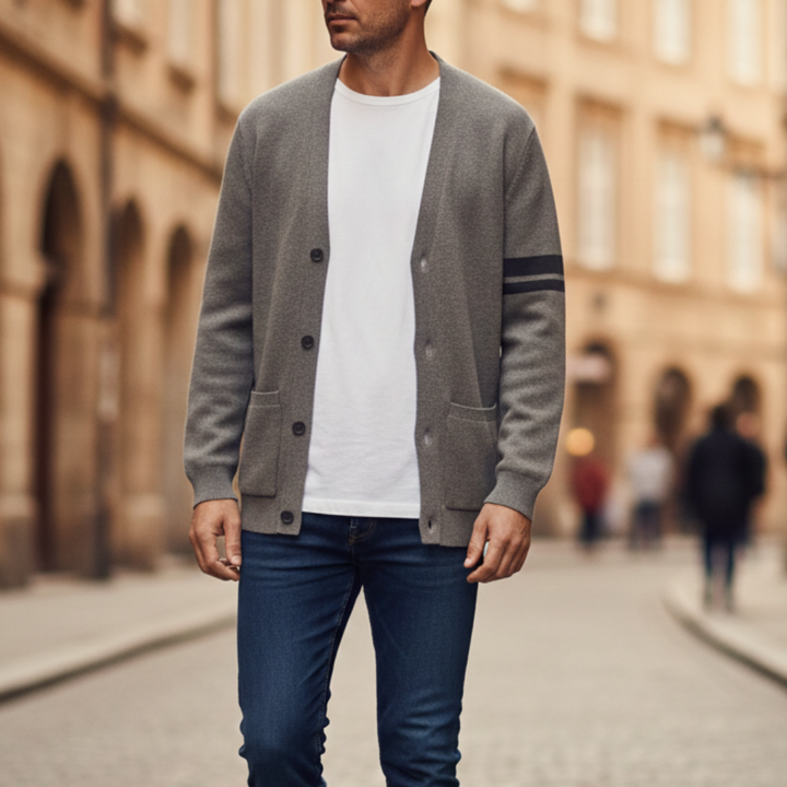 Suéter cárdigan para hombre con cuello chal, abotonado y mangas a rayas
