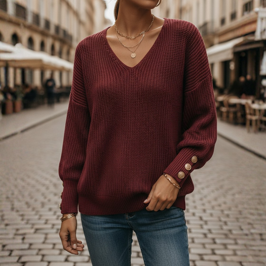 Suéter de punto con cuello en V, manga globo y puño con botones para mujer