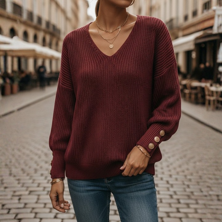 Suéter de punto con cuello en V, manga globo y puño con botones para mujer
