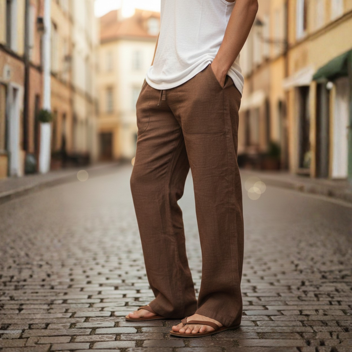 Pantalones holgados de lino para hombre con cordón