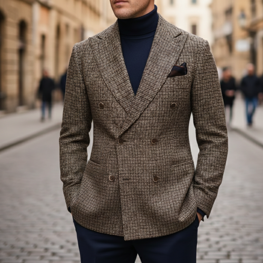 Men Double-Breasted Plaid Blazer