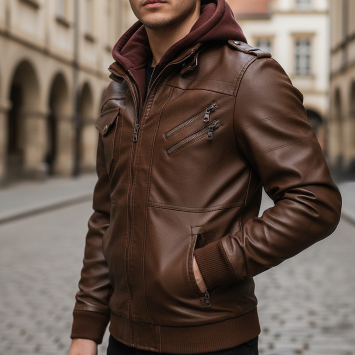 Herren Lederjacke mit Kapuze | Vestea