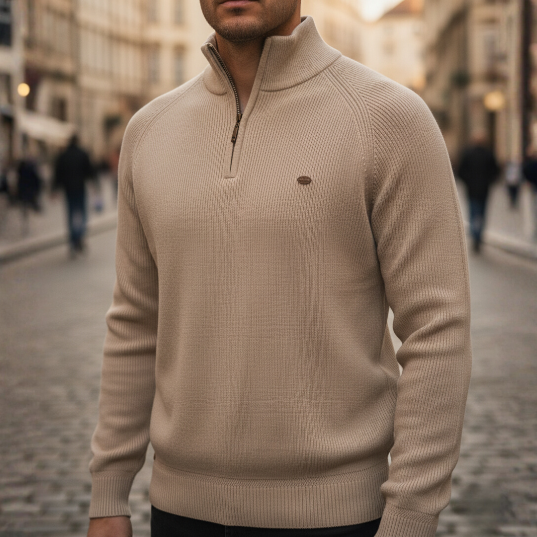 Herren Strickpullover Rollkragen Halb-Reißverschluss Baumwolle | Vestea