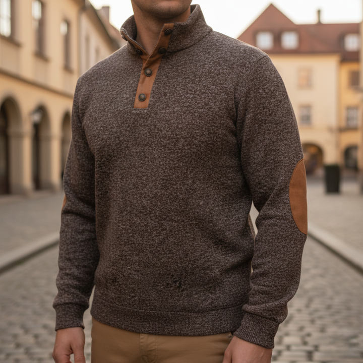 Herren Strick-Sweater Stehkragen Knopfleiste Ellbogenpatches | Vestea