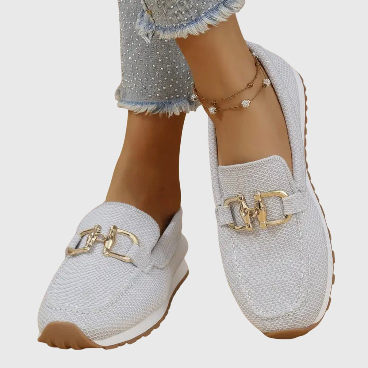 Mocassins orthopédiques pour femmes, à enfiler, semelle intérieure rembourrée, semelle extérieure en caoutchouc, détail métallique
