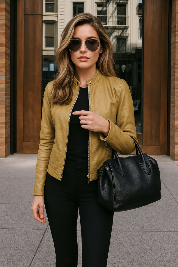 Veste en cuir pour femme coupe slim à manches longues avec fermeture éclair et col mandarin