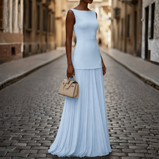 Women Sleeveless Pleated Maxi Dress Boat Neck