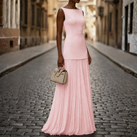 Women Sleeveless Pleated Maxi Dress Boat Neck