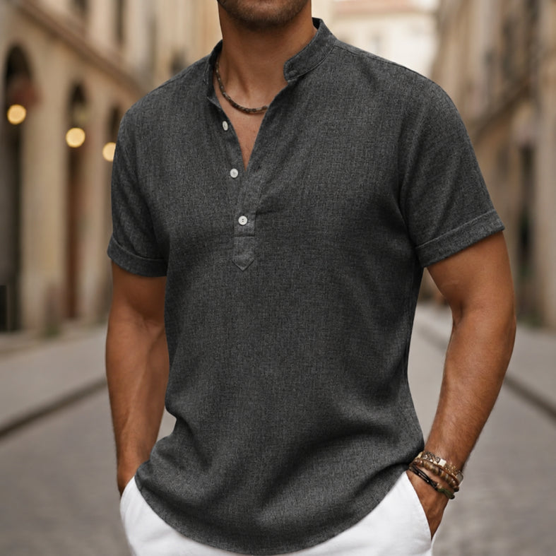 Men Linen Blend Short Sleeve Shirt Henley Collar