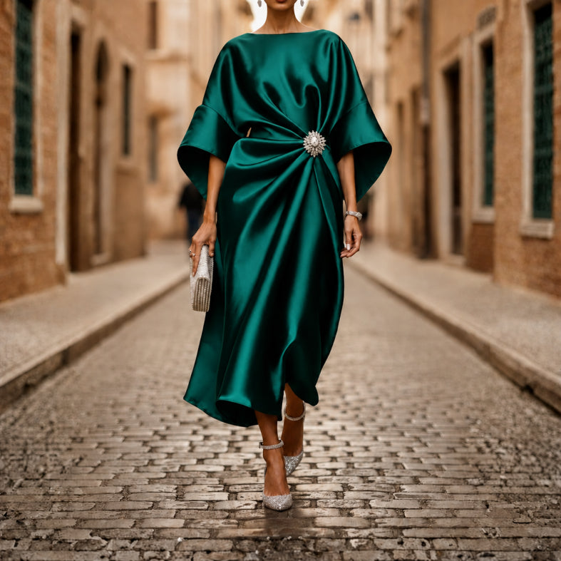 Women Midi Dress V Neck Elbow Sleeve Flared Skirt