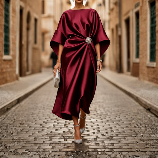 Women Midi Dress V Neck Elbow Sleeve Flared Skirt
