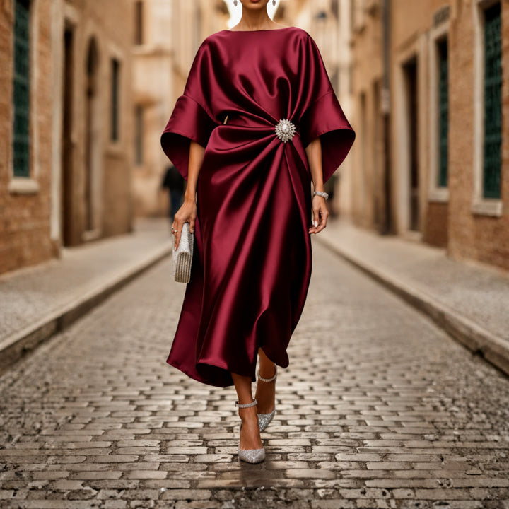 Robe mi-longue pour femme col en V manches coudes jupe évasée